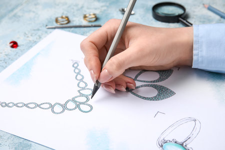 Female jeweler drawing adornment on grunge table, closeupの写真素材