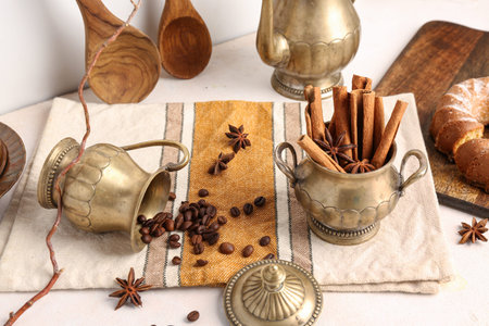 Composition with vintage tableware, cinnamon sticks and coffee beans on light tableの写真素材