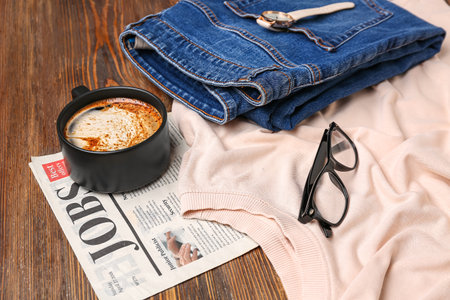 Stylish t-shirt with jeans, eyeglasses and newspaper on wooden backgroundの写真素材