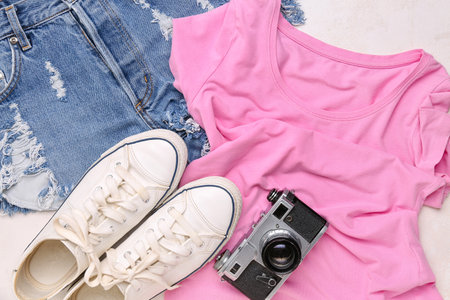 Pink t-shirt, shorts, sneakers and photo camera on light backgroundの写真素材