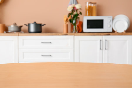 clean wooden table in kitchenの写真素材