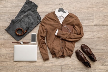 Male clothes with accessories, laptop and mobile phone on wooden floorの写真素材