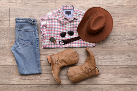Male clothes with cowboy boots and accessories on wooden floorの写真素材