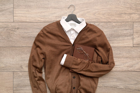 Male clothes with eyeglasses and book on wooden floorの写真素材