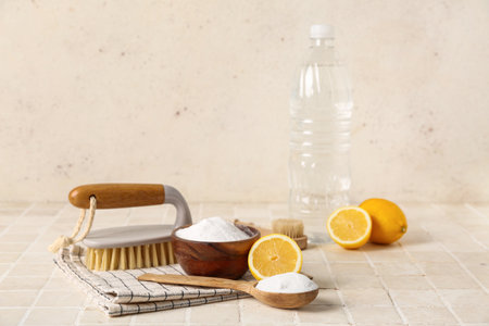 Bowl of baking soda, vinegar, cleaning brushes, lemons and napkin on light tile tableの写真素材