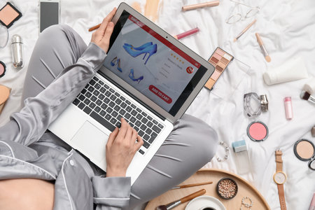 Woman with laptop, makeup products and accessories shopping online on white blanketの写真素材
