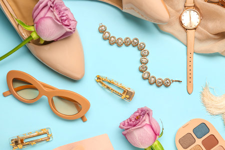 Composition with stylish female accessories, shoes and rose flowers on color backgroundの写真素材