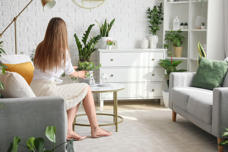 Young woman with green houseplant on table in living roomの写真素材