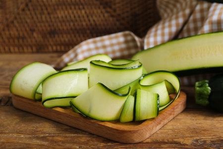 Board with slices of fresh zucchini on wooden backgroundの写真素材
