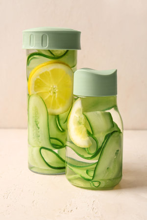 Sports bottles of infused water with cucumber slices on white table