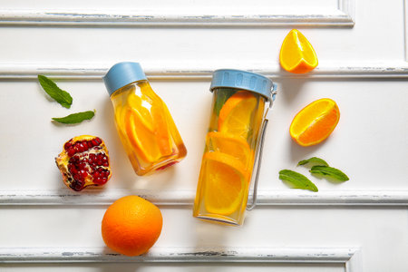 Sports bottles of infused water with orange slices on white backgroundの写真素材