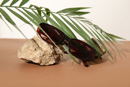 Stone with stylish sunglasses and palm leaf on brown table