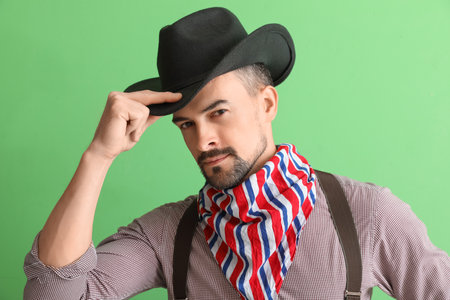 Handsome cowboy on green background, closeupの写真素材