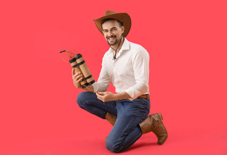 Handsome cowboy with explosive on red backgroundの写真素材