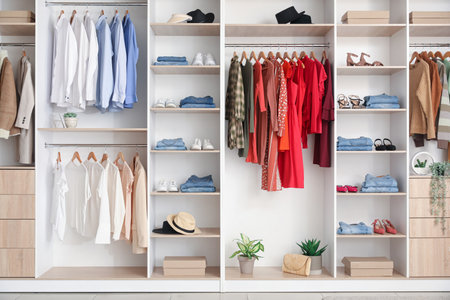 Stylish clothes, shoes and hats in boutiqueの写真素材