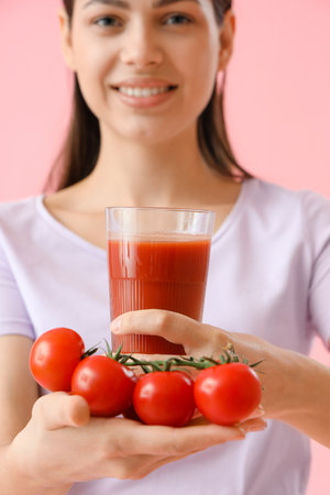 Young woman with glass of vegetable juice and tomatoes on pink background, closeupの写真素材