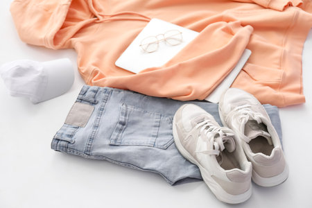Stylish clothes with accessories, sneakers and laptop on white background, closeupの写真素材