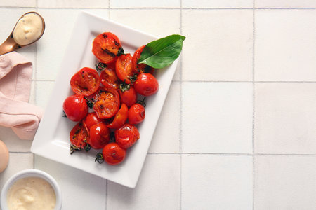 Plate with tasty grilled tomatoes and arugula on white tile backgroundの写真素材