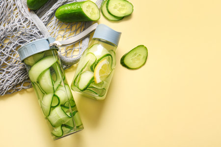 Sports bottles of infused water with cucumber slices and string bag on beige backgroundの写真素材