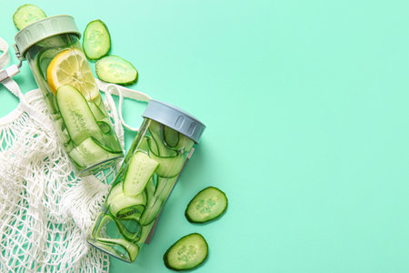 Sports bottles of infused water with cucumber slices on turquoise backgroundの写真素材
