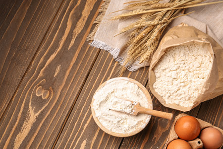 Paper bag with bowl of flour, wheat ears and eggs on brown wooden backgroundの写真素材
