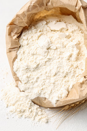 Paper bag with flour and wheat ear on white backgroundの写真素材
