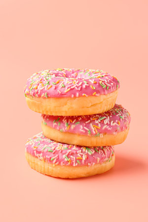 Sweet donuts on pink backgroundの写真素材
