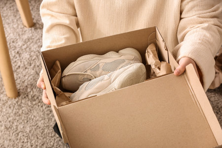 Woman taking gray sneakers out of box in roomの写真素材