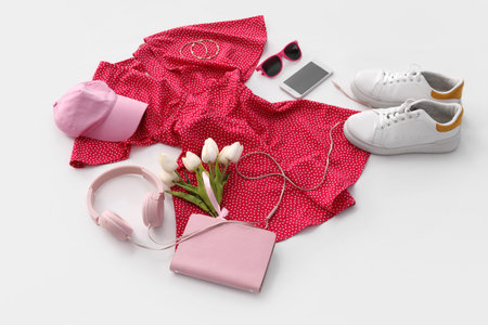 Stylish dress with accessories, tulips, headphones and mobile phone on white backgroundの写真素材