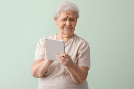 Displeased senior woman with tablet computer on green background
