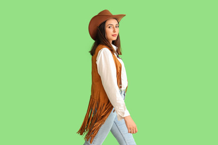 beautiful cow girl on green backgroundの写真素材