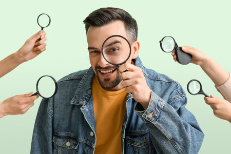 Handsome man and female hands with magnifiers on green background, closeupの写真素材