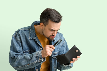 Angry young man with magnifier and empty wallet on green background