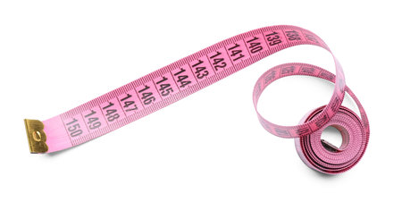 Pink tape measure on white background