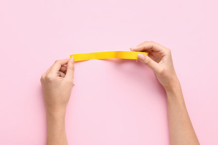 Female hands holding adhesive tape roll on pink backgroundの写真素材