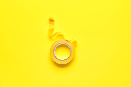 Adhesive tape roll on yellow backgroundの写真素材