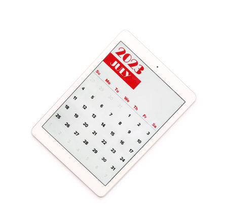 Modern tablet computer with calendar on white backgroundの写真素材