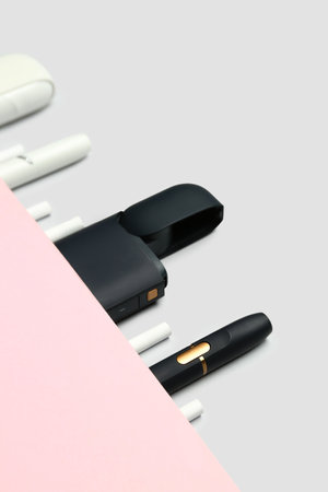 Composition with different electronic cigars on gray backgroundの写真素材