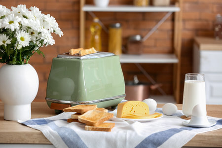 Modern toaster with crispy bread slices, glass of milk, cheese and eggs on table in kitchen