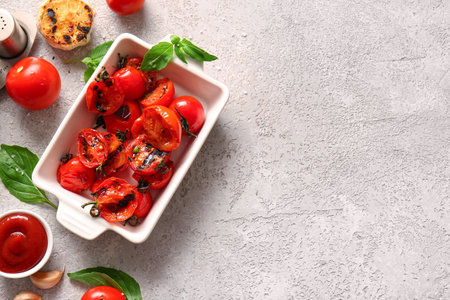 Baking dish with tasty grilled tomatoes and basil on gray backgroundの写真素材