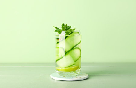 Glass of infused water with cucumber slices on green wooden tableの写真素材