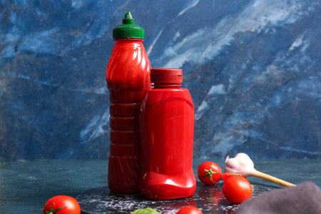 Bottles of ketchup and tomatoes on blue background