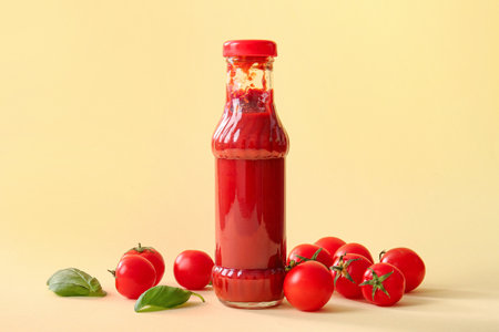 Glass bottle of ketchup and tomatoes on beige backgroundの写真素材