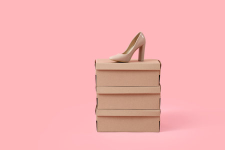 Cardboard boxes with beige high-heeled shoe on pink backgroundの写真素材
