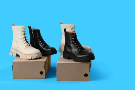 Cardboard boxes with female boots on blue background