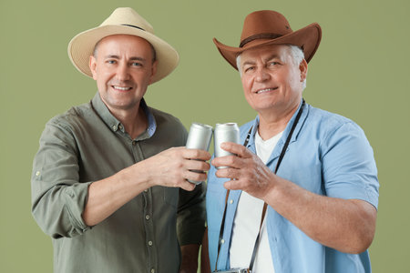 Mature brothers with drinks on green backgroundの写真素材