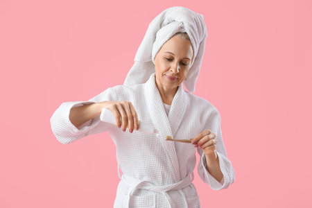 Mature woman with toothbrush and paste on pink backgroundの写真素材