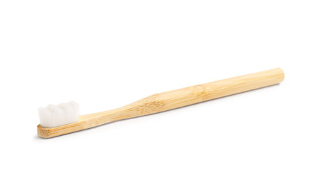 Bamboo toothbrush on white backgroundの写真素材