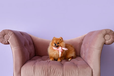 Cute Pomeranian dog with scarf on armchair near lilac wallの写真素材