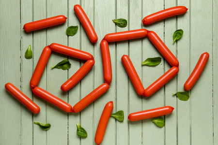 Tasty thin sausages and spinach on green wooden backgroundの写真素材